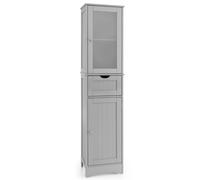 CostwayMeuble Colonne de Salle de Bain avec 2 Portes et 1 Tiroir Étagères Réglables et Porte en Verre Dépoli 40 x 30 x 170 cm Gris