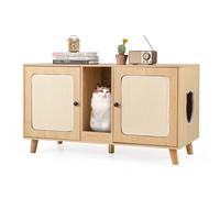 CostwayMeuble de 108cm pour Bac à Litière de Chat Double Compartiments 2 Griffoirs en Sisal Planche à Gratter Table d'appoint en Bois Naturel