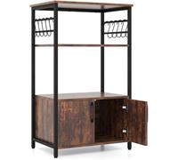 CostwayMeuble de Cuisine à 3 Niveaux avec Armoire et 2 Etagères Ouvertes 10 Crochets en S Support de Four à Micro-ondes Industriel Marron