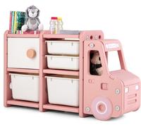 CostwayMeuble de Rangement Jouets pour Enfant 2 bac 2 tiroirs et 1 placard 110 x 32 x 66 (L x l x H) CM Rose