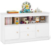 CostwayMeuble de Rangement pour Jouets d Enfants Bibliothèque en Bois pour Enfants Etagère Ouverte 2 Tiroirs 2 Portes Blanc