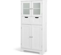CostwayMeuble de Salle de Bain à 4 Portes 2 Tiroirs Colonne Salle de Bain Armoire Haute avec Étagères Réglables pour Salon Cuisine 60x30x128cm Blanc
