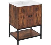 CostwayMeuble de Salle de Bain avec Lavabo Meuble de Rangement avec Lavabo en Céramique 2 Portes et Etagère Ouverte Marron Rustique