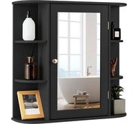 CostwayMeuble de Salle de Bain Mural avec 1 Porte avec Miroir et 4 Etagères 6 étagères extérieures en MDF 66x16,5x60cm Noir