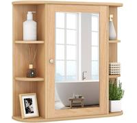 CostwayMeuble de Salle de Bain Mural avec 1 Porte avec Miroir et 4 Etagères 6 étagères extérieures en MDF 66x16,5x60cm Naturel