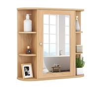 CostwayMeuble de Salle de Bain Mural avec 1 Porte avec Miroir et 4 Etagères 6 étagères extérieures en MDF 66x16,5x60cm Naturel
