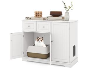 CostwayMeuble Pour Bac à Litière Caché avec Rangement Armoire pour Chat en Bois avec 3 Portes et 2 Tiroirs Kits Anti-basculement