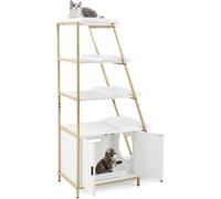 CostwayMeuble pour Bac à Litière pour Chat avec Rangement Meuble 2 en 1 pour Chat 3 Etagères Echelle Entrée Latérale Tapis en Peluche Blanc
