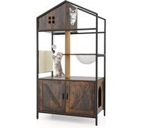 CostwayMeuble pour Chat avec Compartiment Bac à Litière Poteaux à Gratter et Tapis Capsule Transparente Balle Suspendue Aérations Marron Rustique