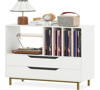 CostwayMeuble pour Platine Vinyle Support pour Tourne-Disques avec Compartiment Ouvert 4 Étagères pour Vinyles & 2 Tiroirs Support Rétro Blanc