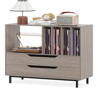 CostwayMeuble pour Platine Vinyle Support pour Tourne-Disques avec Compartiment Ouvert 4 Étagères pour Vinyles & 2 Tiroirs Support Rétro Gris