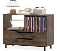 CostwayMeuble pour Platine Vinyle Support pour Tourne-Disques avec Compartiment Ouvert 4 Étagères pour Vinyles & 2 Tiroirs Support Rétro Café