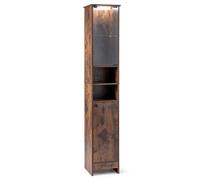 CostwayMeuble Salle de Bain 170cm LED Télécommande Colonne de Rangement avec Placard à Porte Verre Étagères Réglables&Compartiments Marron