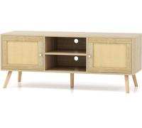 CostwayMeuble TV Bois Meuble Tele à Porte Cannage avec 4 Compartiments pour TV 55" Banc TV à 4 Pieds en Bois Massif Style Bohème 120 x 40 x 40,5 cm Naturel