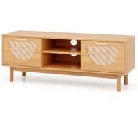 CostwayMeuble TV jusqu'à 55" Table Console Multimédia Moderne Etagères Ouvertes Tiroirs Tissés en Bambou Centre de Divertissement Blanc et Naturel