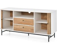 CostwayMeuble TV Polyvalent Armoire Basse Moderne Du Milieu Du Siècle avec Portes Coulissantes à Tambour 2 Tiroirs de Rangement Station Bar-café Blanc