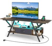 CostwayMeuble TV pour Téléviseurs 65" Meuble Multimédia à 3 Niveaux avec Lumières LED et Station de Charge Console Multimédia Brun Rustique