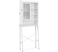 CostwayMeuble WC Au-dessus de Toilettes avec Porte Vitrée Coulissante Meuble de Rangement Industriel Cadre en Métal Étagères Réglables Blanc