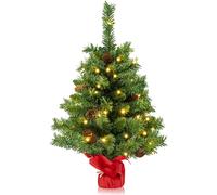 CostwayMini Arbre de Noël Pré-illuminé 64 cm Sapin de Noël de Table avec 50 Lumières LED 8 Modes d'Éclairage 8 Pommes de Pin Base en Ciment