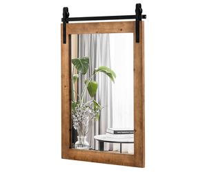 CostwayMiroir Mural Rustique avec Cadre en Bois Massif et Support en Métal 76 x 56 Cm Miroir Décoratif de Style Porte de Grange Rectangulaire Marron
