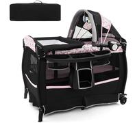 CostwayPack and Play Portable 4 en 1 Centre de Nurserie pour Bébé avec Berceau Matelas Table à Langer Boîte à Musique Toit Réglable Noir