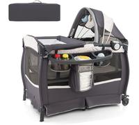 CostwayPack and Play Portable 4 en 1 Centre de Nurserie pour Bébé avec Berceau Matelas Table à Langer Boîte à Musique Toit Réglable Gris