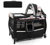 CostwayPack and Play Portable 4 en 1 Centre de Nurserie pour Bébé avec Berceau Matelas Table à Langer Boîte à Musique Toit Réglable Multicoloré