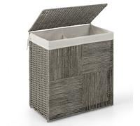 CostwayPanier à Linge 110L Pliable à 2 Sections avec Couvercle Panier à Linge en Rotin Tressé à la Main avec Poignées Pratiques Gris