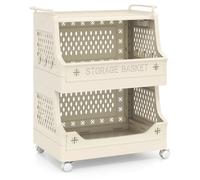 CostwayPanier à Linge à Roulettes à 3 Niveaux Chariot de Rangement Empilable en Plastique avec Poignées et Crochets Organisateur Ouvert Beige