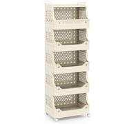 CostwayPanier à Linge à Roulettes à 6 Niveaux Chariot de Rangement Empilable en Plastique avec Poignées et Crochets Organisateur Ouvert Beige