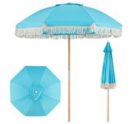 CostwayParasol de Jardin avec Franges 180cm Parasol en Bois avec 8 Baleines Robustes Inclinaison Réglable Ouverture Automatique Style Bohème Bleu