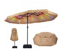CostwayParasol de Plage Tropical Lumineux en Paille 4,5x2,7m Parasol Double avec Lumière Base Lestée 60kg Manivelle Lisse&12 Baleines Naturel