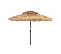 CostwayParasol de Style Hawaïen de 256 cm en Chaume Artificiel 32 Lumières LED et Lumière Centrale Manivelle Manuelle Inclinaison à 35° Naturel