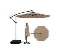 CostwayParasol Déporté 3,5x3,5M 40 LED Solaire avec 2 Sacs de Sable Protection UV Socle en Croix Inclinable Manivelle Marron