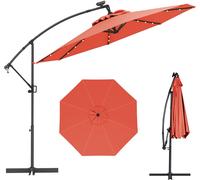 CostwayParasol Déporté 3M avec 24 Lumières LED Solaires Rotatif 360° Angle Réglage Base Croisée Manivelle Poteau en Aluminium Orange