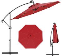 CostwayParasol Déporté 3M avec 24 Lumières LED Solaires Rotatif 360° Angle Réglage Base Croisée Manivelle Poteau en Aluminium Rouge