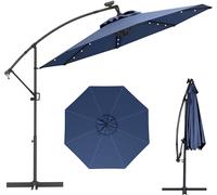 CostwayParasol Déporté 3M avec 24 Lumières LED Solaires Rotatif 360° Angle Réglage Base Croisée Manivelle Poteau en Aluminium Bleu Foncé