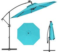 CostwayParasol Déporté 3M avec 24 Lumières LED Solaires Rotatif 360° Angle Réglage Base Croisée Manivelle Poteau en Aluminium Vert