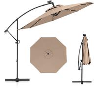CostwayParasol Déporté 3M avec 24 Lumières LED Solaires Rotatif 360° Base Croisée Manivelle Angle Réglage Poteau en Aluminium Marron