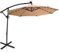 CostwayParasol Déporté 3M avec 24 Lumières LED Solaires Rotatif 360° Base Croisée Manivelle Angle Réglage Poteau en Aluminium Beige