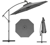CostwayParasol Déporté 3M avec 24 Lumières LED Solaires Rotatif 360° Base Croisée Manivelle Angle Réglage Poteau en Aluminium Gris