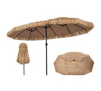 CostwayParasol Double Tropical en Paille 4,5x2,7m avec Manivelle Lisse 12 Baleines Goupille Réglable Protection Solaire Résistant à l'Eau Natruel