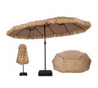 CostwayParasol en Paille 4,5x2,7m Parasol Double Tropical avec Base Lestée 60kg Manivelle Lisse 12 Baleines&Goupille Réglable Brun