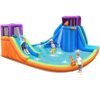 CostwayParc Aquatique Gonflable Double Toboggan Aquatique avec 4 Arroseurs et 2 Pistolets à Eau et Piscine à Éclaboussures avec Mur d'Escalade
