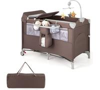 Lit Parapluie Bébé Pliant avec Matelas 5 en 1 COSTWAY-Lit Cododo,Table à Langer,Garde-corps Réglable,Sac et 3 Jouets-0-36 Mois-Café