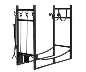 CostwayPorte-bûche en Fer avec 4PCS Serviteur de Cheminée et Support Amovible Range-bûche Charge 40kg pour Poêle Brasero Foyer