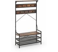 CostwayPorte-Manteau 4 en 1 avec 11 Crochets de Suspension Banc à Chaussures à 2 Niveaux Cadre en Métal 2 Kits Anti-Basculement Marron Rustique