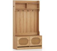 CostwayPorte-manteau d'Entrée 4 en 1 Banc Porte-manteau avec Tiroirs à Abattants Organiseur de Style Campagnard avec 6 Crochets Doubles Naturel