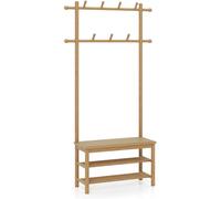 CostwayPorte-Manteau en Bambou Arbre de Hall en Rotin PE avec Banc et Rangement à Chaussures Banc d'Entrée avec 2 Barres de Suspension Naturel