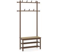 CostwayPorte-Manteau en Bambou Arbre de Hall en Rotin PE avec Banc et Rangement à Chaussures Banc d'Entrée avec 2 Barres de Suspension Marron